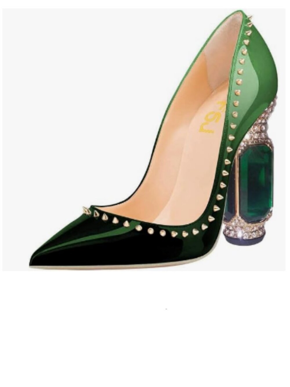 FSJ Emerald Green Bridal Pointed Toe Chunky High Heel Crystal Pumps Slip on Shoe